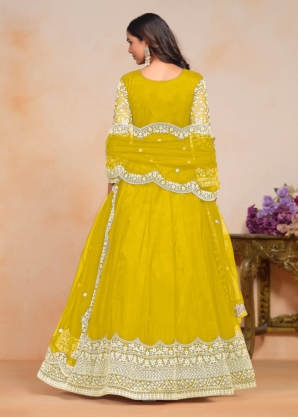 Festive Yellow Embroidered Net Designer Anarkali Dress - Image 3