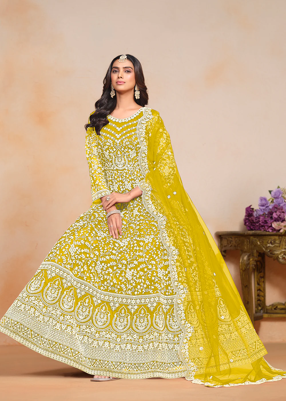 Festive Yellow Embroidered Net Designer Anarkali Dress - Image 4