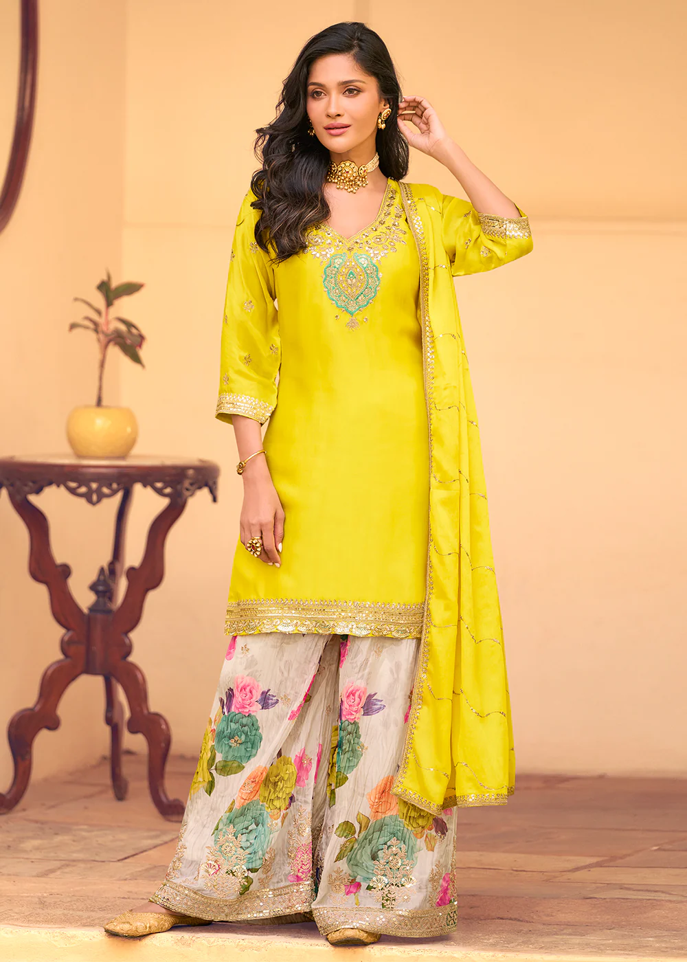 Festive Yellow Embroidered Suit with Printed Gharara