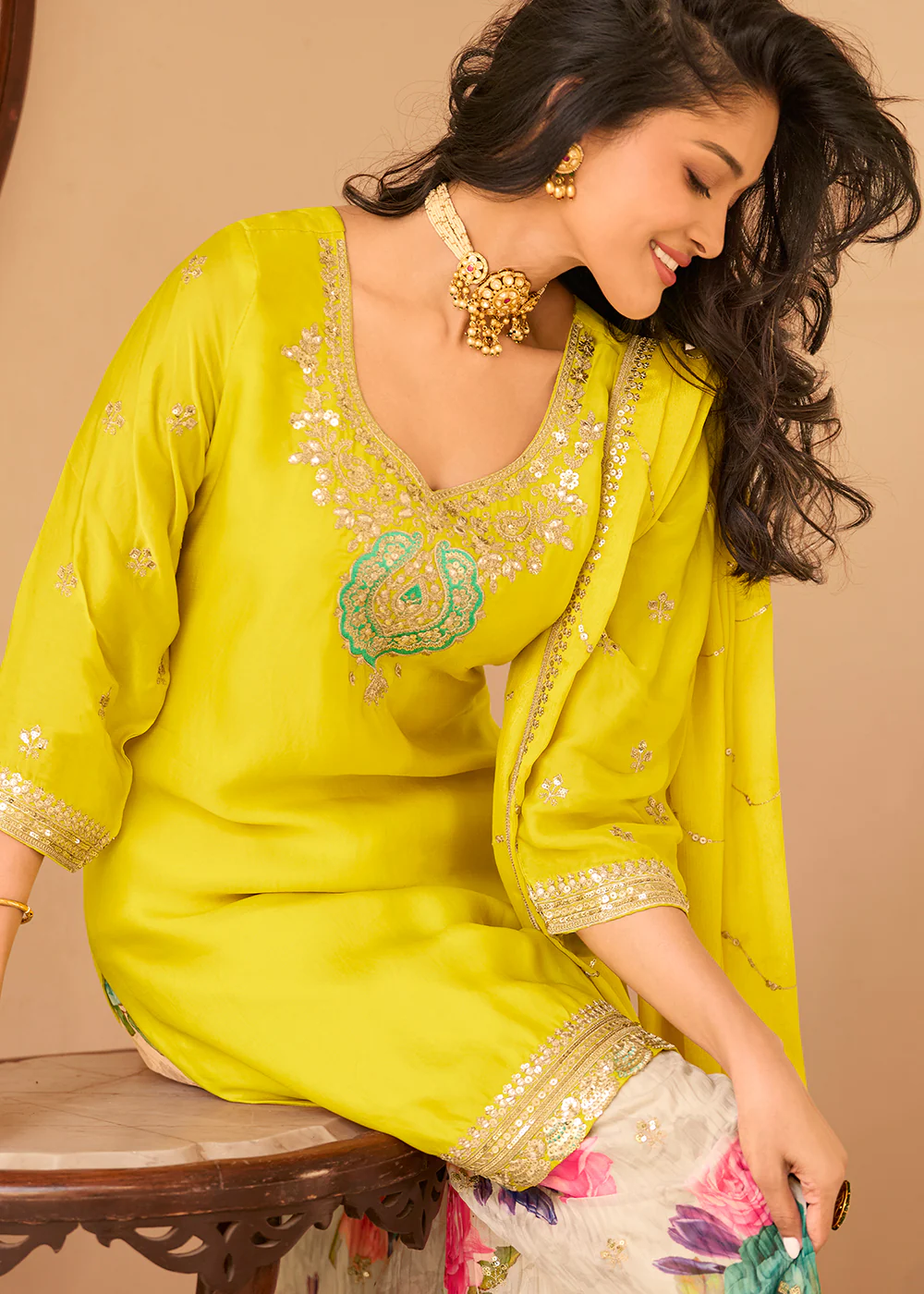 Festive Yellow Embroidered Suit with Printed Gharara - Image 4