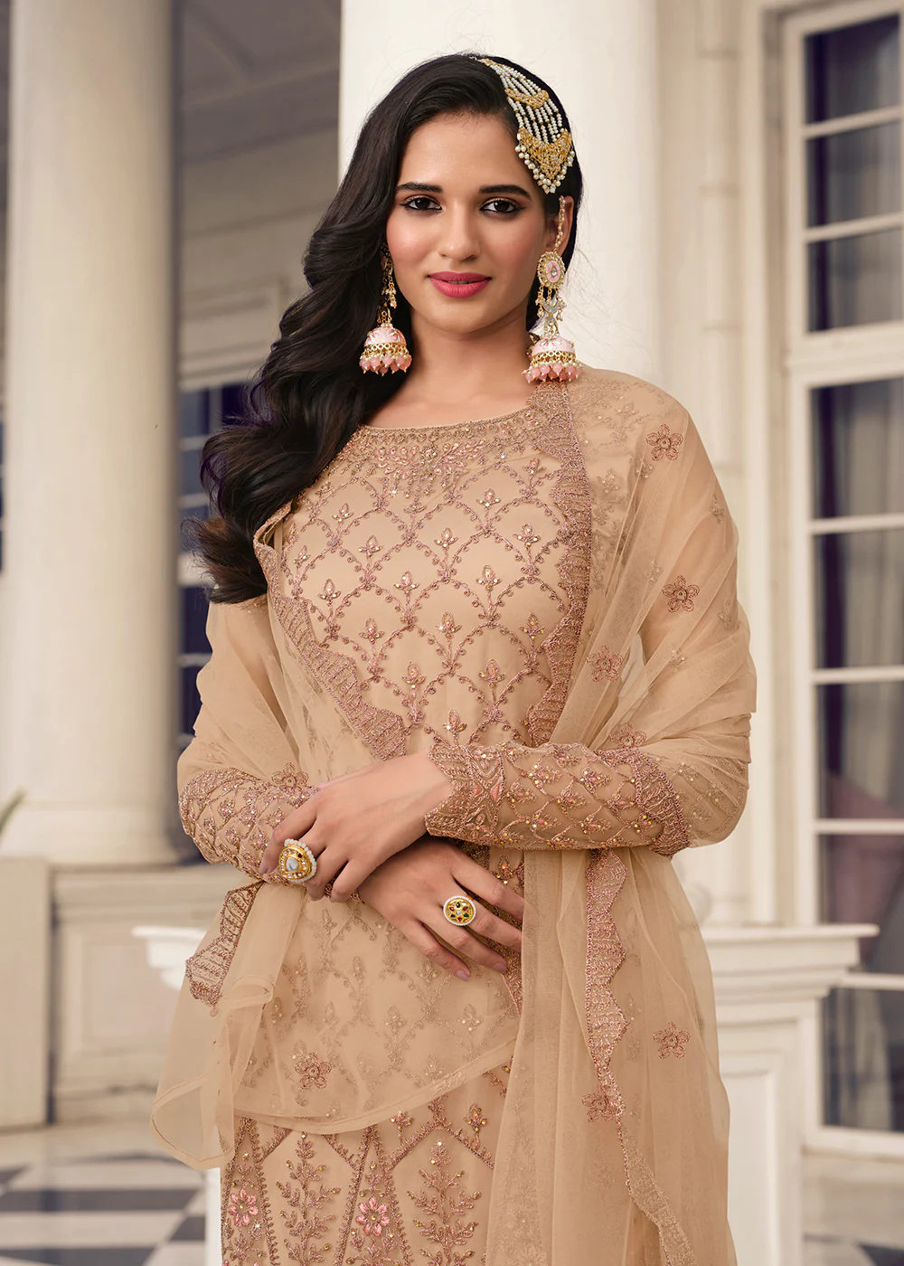 Fetching Beige & Gold Embroidered Pant Style Salwar Suit - Image 2