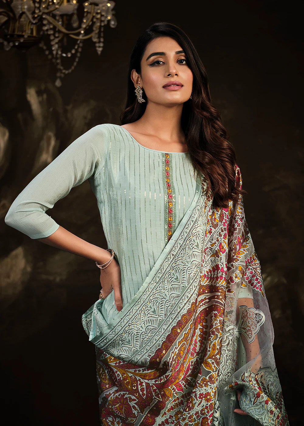 Fetching Blue Chinnon Embroidered Pant Style Salwar Suit - Image 2