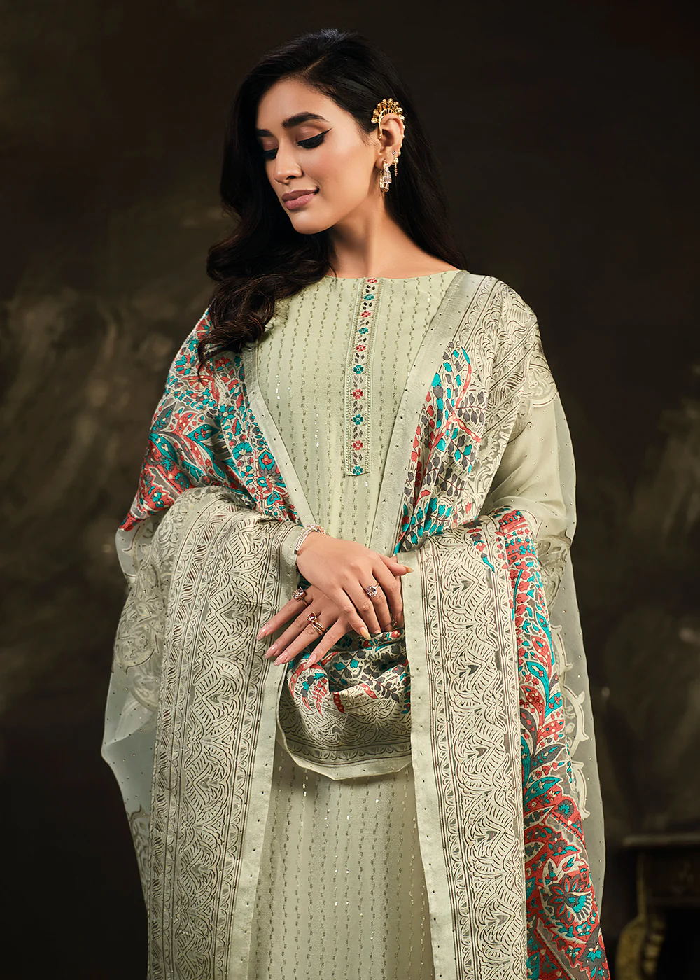 Fetching Green Chinnon Embroidered Pant Style Salwar Suit - Image 2