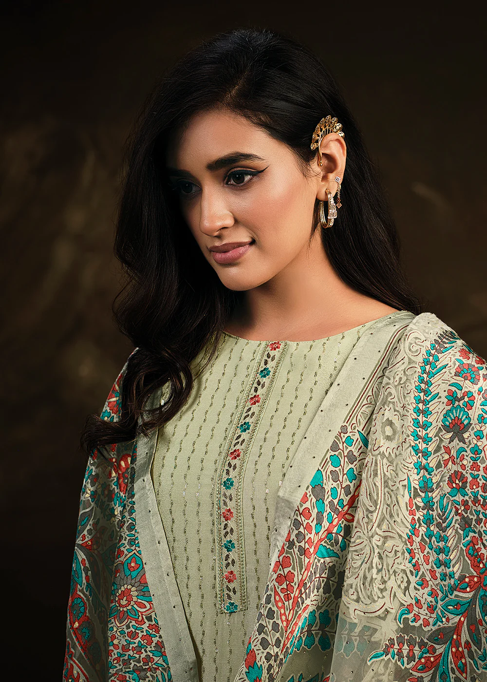 Fetching Green Chinnon Embroidered Pant Style Salwar Suit - Image 3