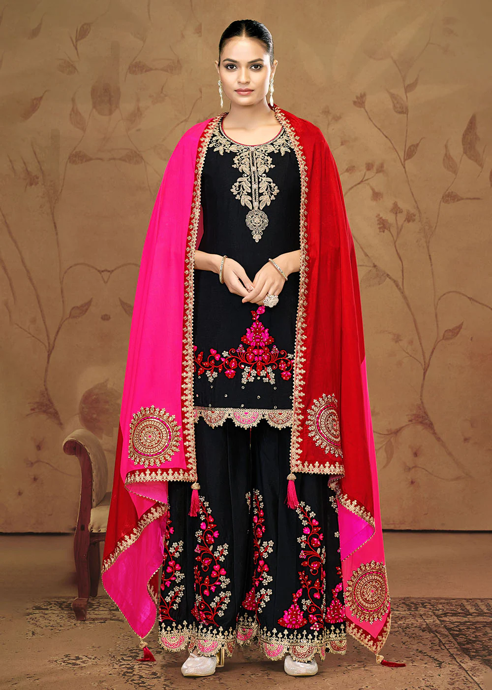 Fiber Chinnon Black Embroidered Palazzo Style Suit