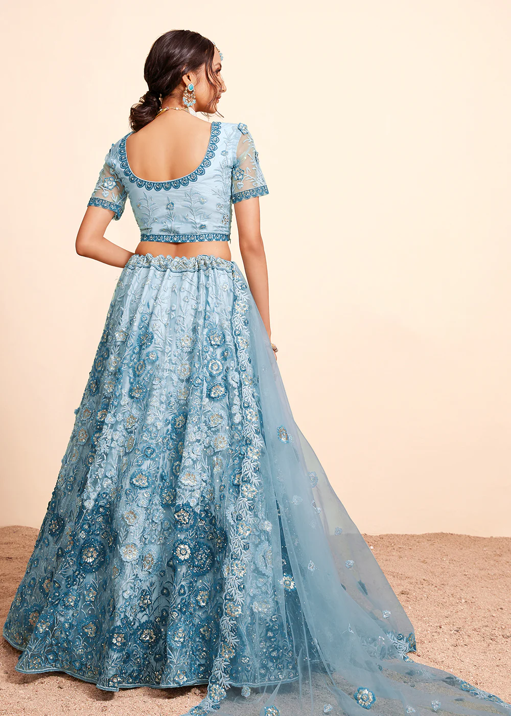 Firozi Blue Beautifully Heavy Embroidered Bridal Lehenga Choli - Image 3