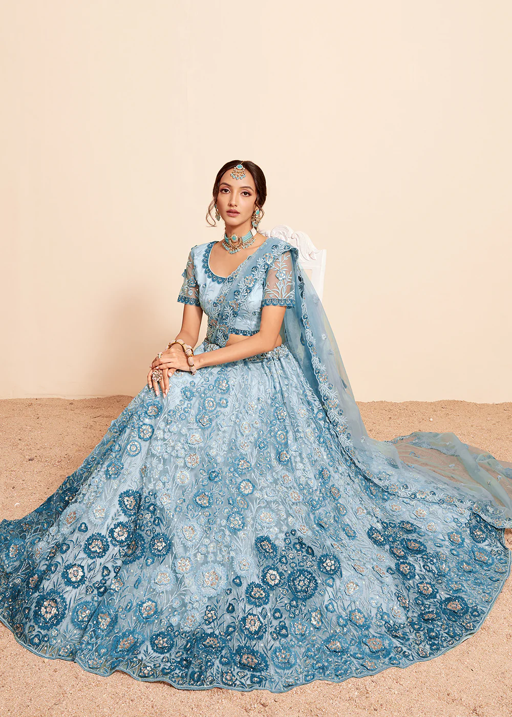 Firozi Blue Beautifully Heavy Embroidered Bridal Lehenga Choli - Image 4