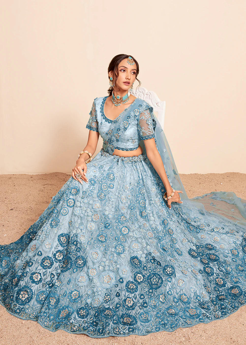 Firozi Blue Beautifully Heavy Embroidered Bridal Lehenga Choli - Image 6