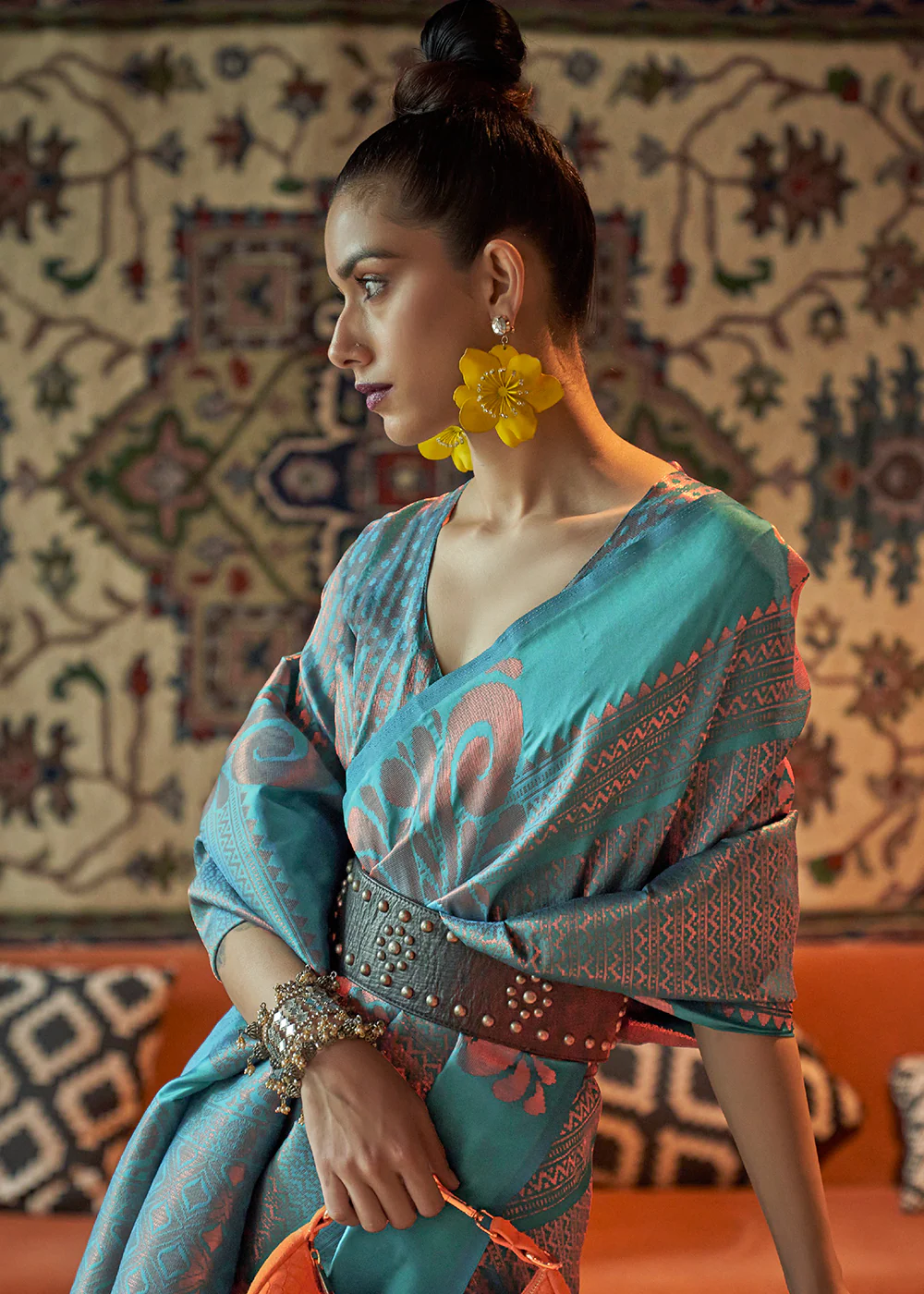Firozi Blue Blended Woven Zari Brocade Silk Saree - Image 2