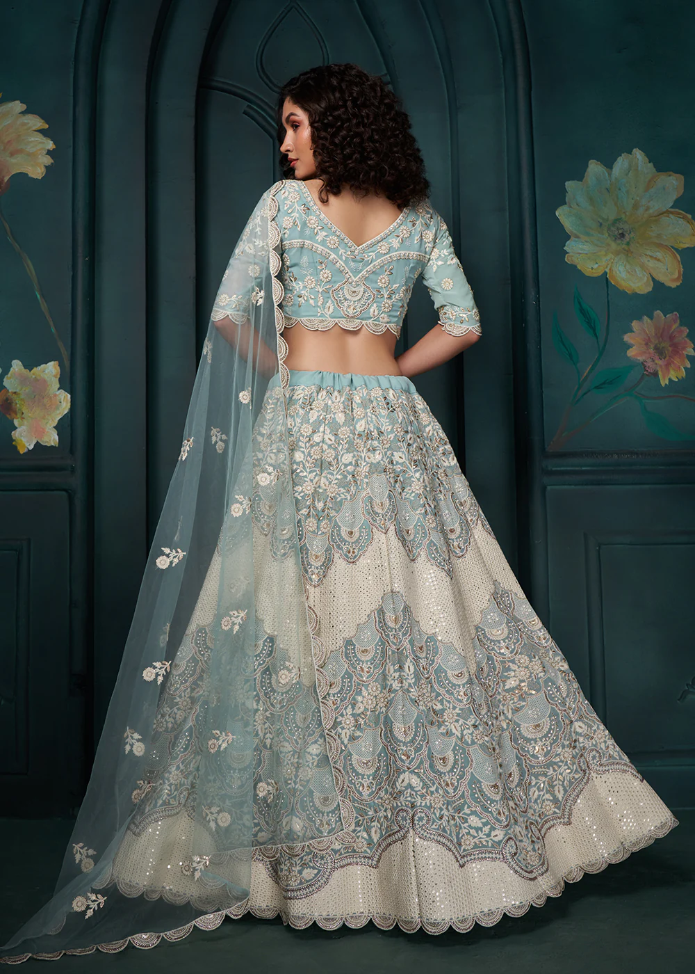 Firozi Blue Cording Embroidered Wedding Lehenga Choli - Image 3