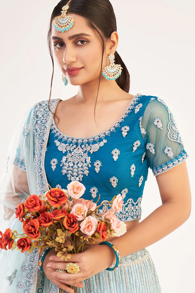 Firozi Blue Designer Bridal Heavy Embroidered Lehenga Choli - Image 2