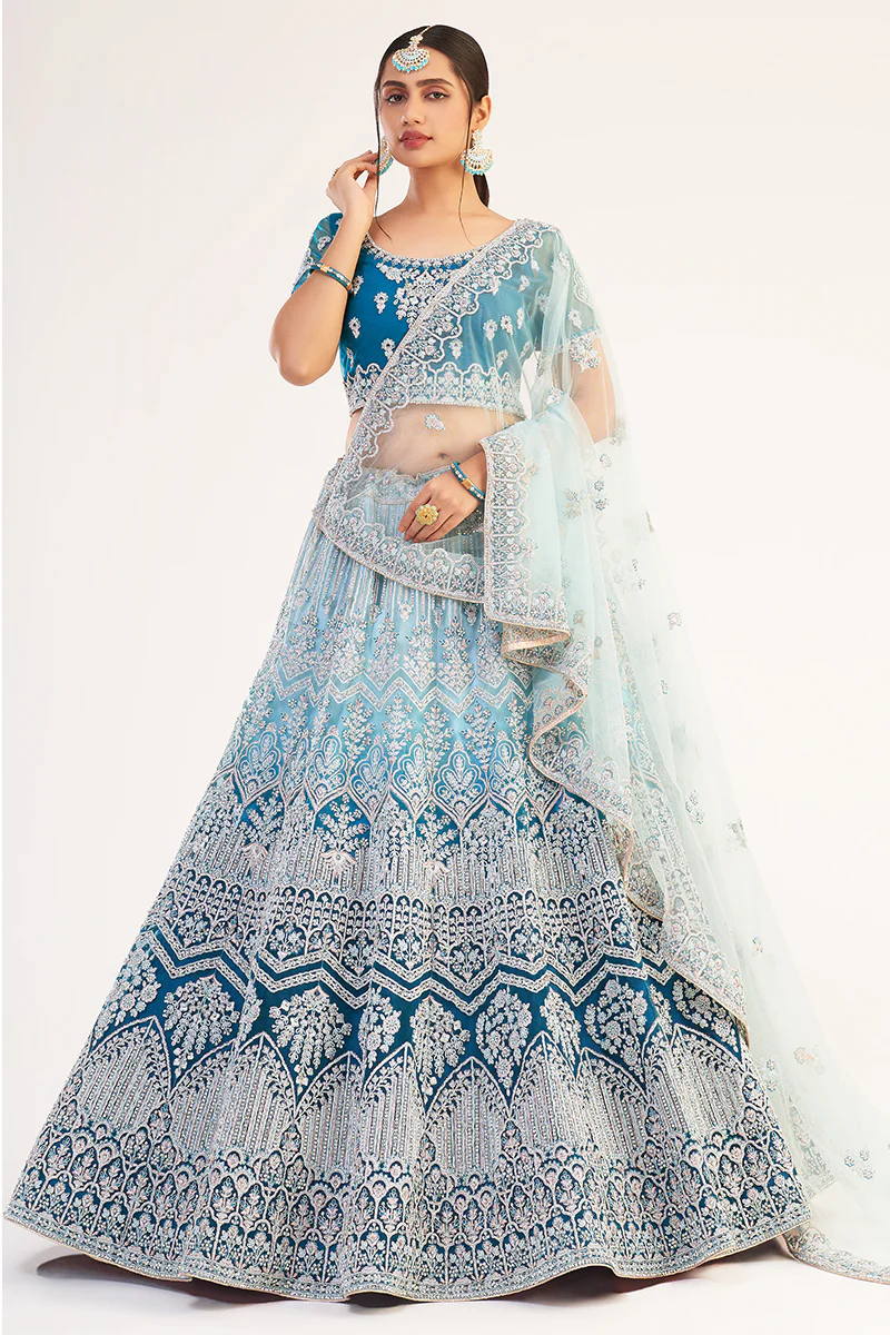 Firozi Blue Designer Bridal Heavy Embroidered Lehenga Choli - Image 4