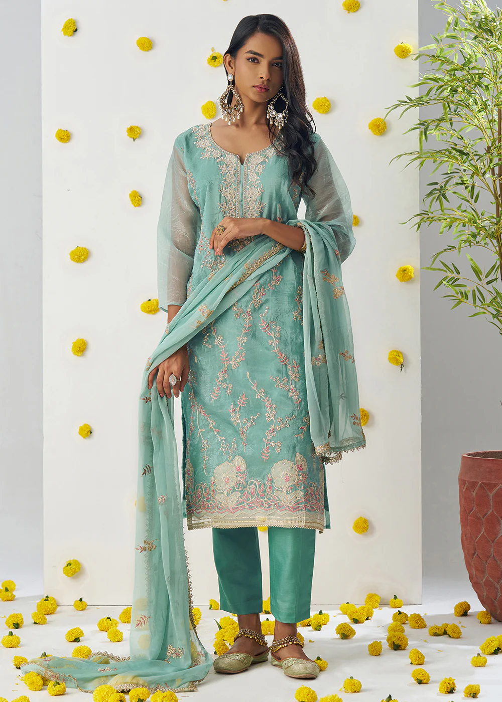 Firozi Blue Fancy Crush Embroidered Festive Salwar Suit - Image 5