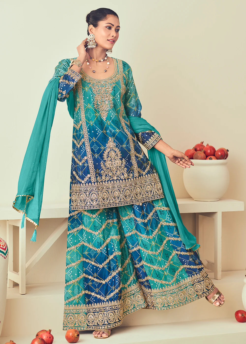 Firozi Blue Heavy Embroidered Designer Palazzo Dress