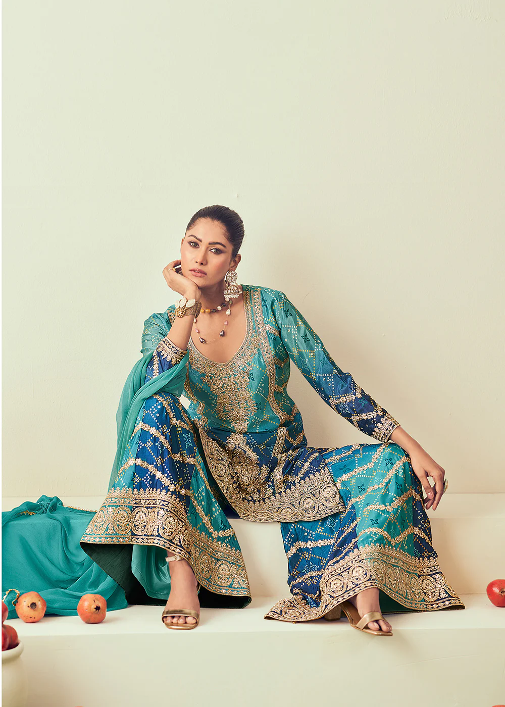 Firozi Blue Heavy Embroidered Designer Palazzo Dress - Image 3