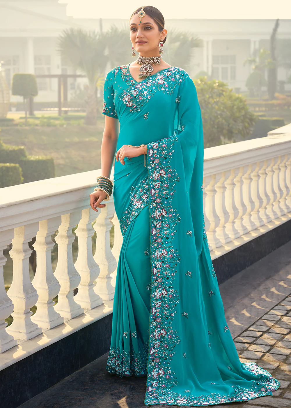 Firozi Blue Heavy Embroidered Wedding Designer Saree