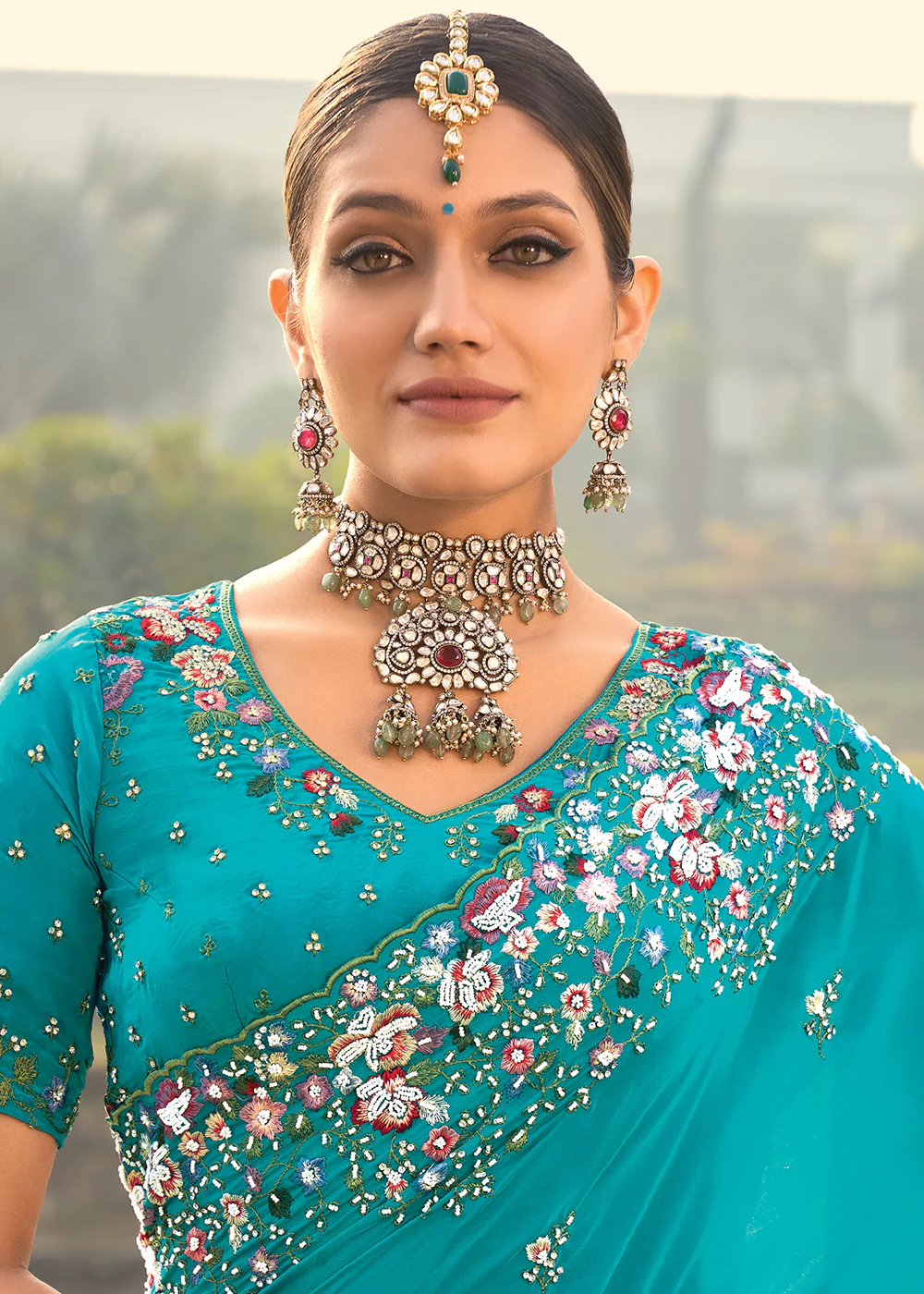 Firozi Blue Heavy Embroidered Wedding Designer Saree - Image 2