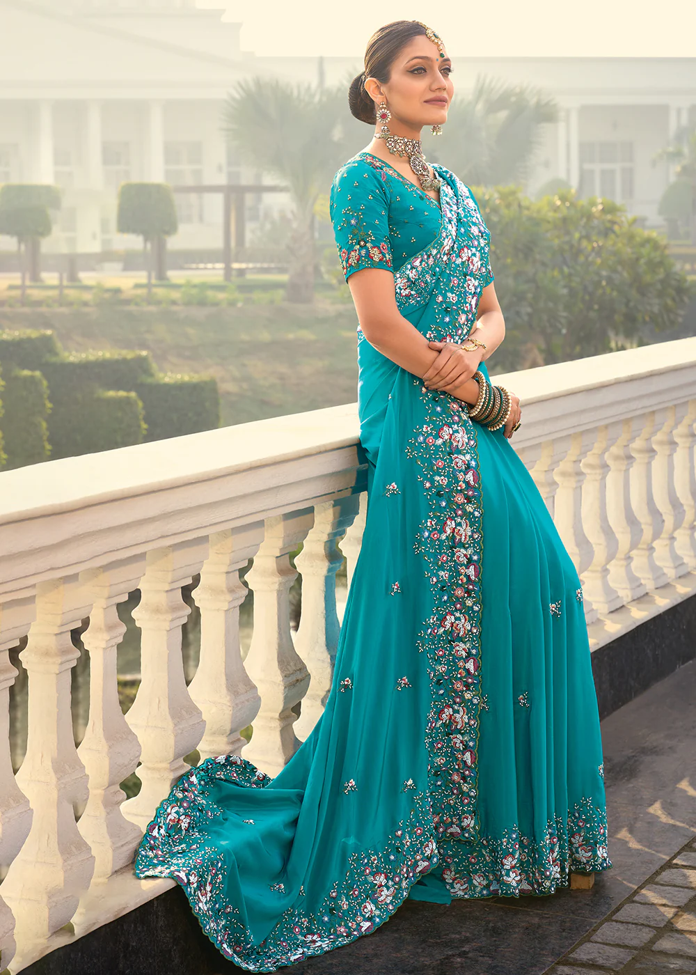 Firozi Blue Heavy Embroidered Wedding Designer Saree - Image 3