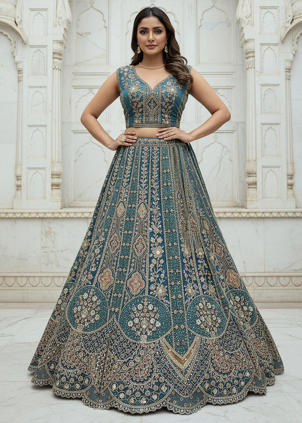 Firozi Blue Organza Embroidered Designer Lehenga Set - Image 3