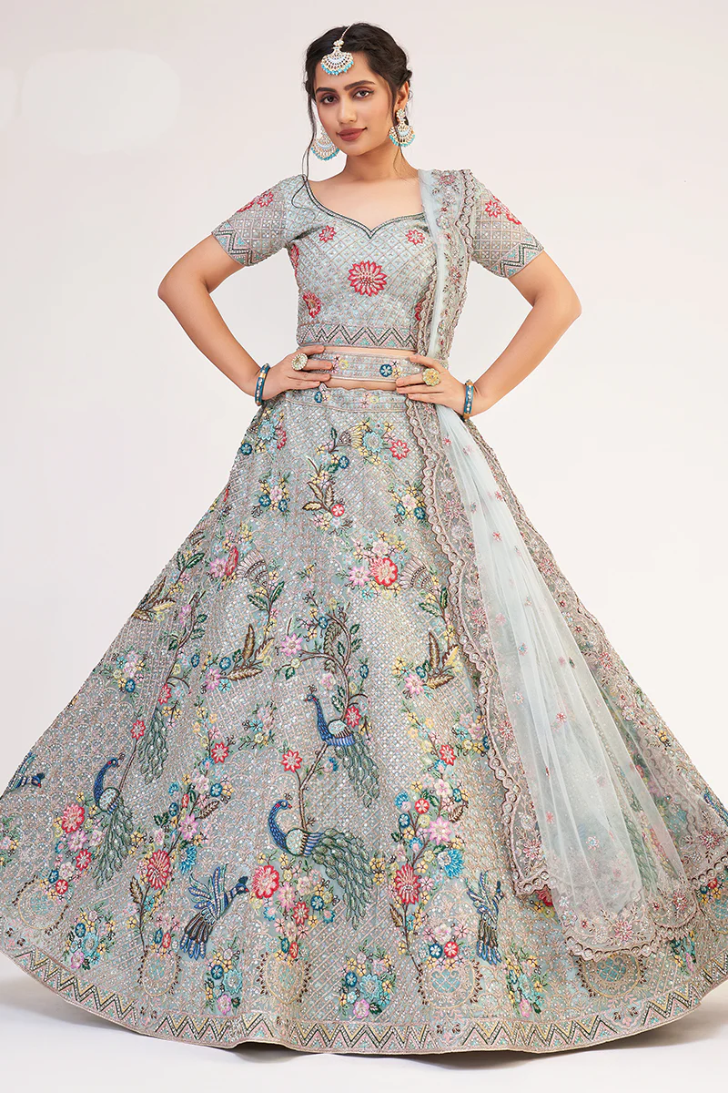 Firozi Green Designer Bridal Heavy Embroidered Lehenga Choli - Image 4