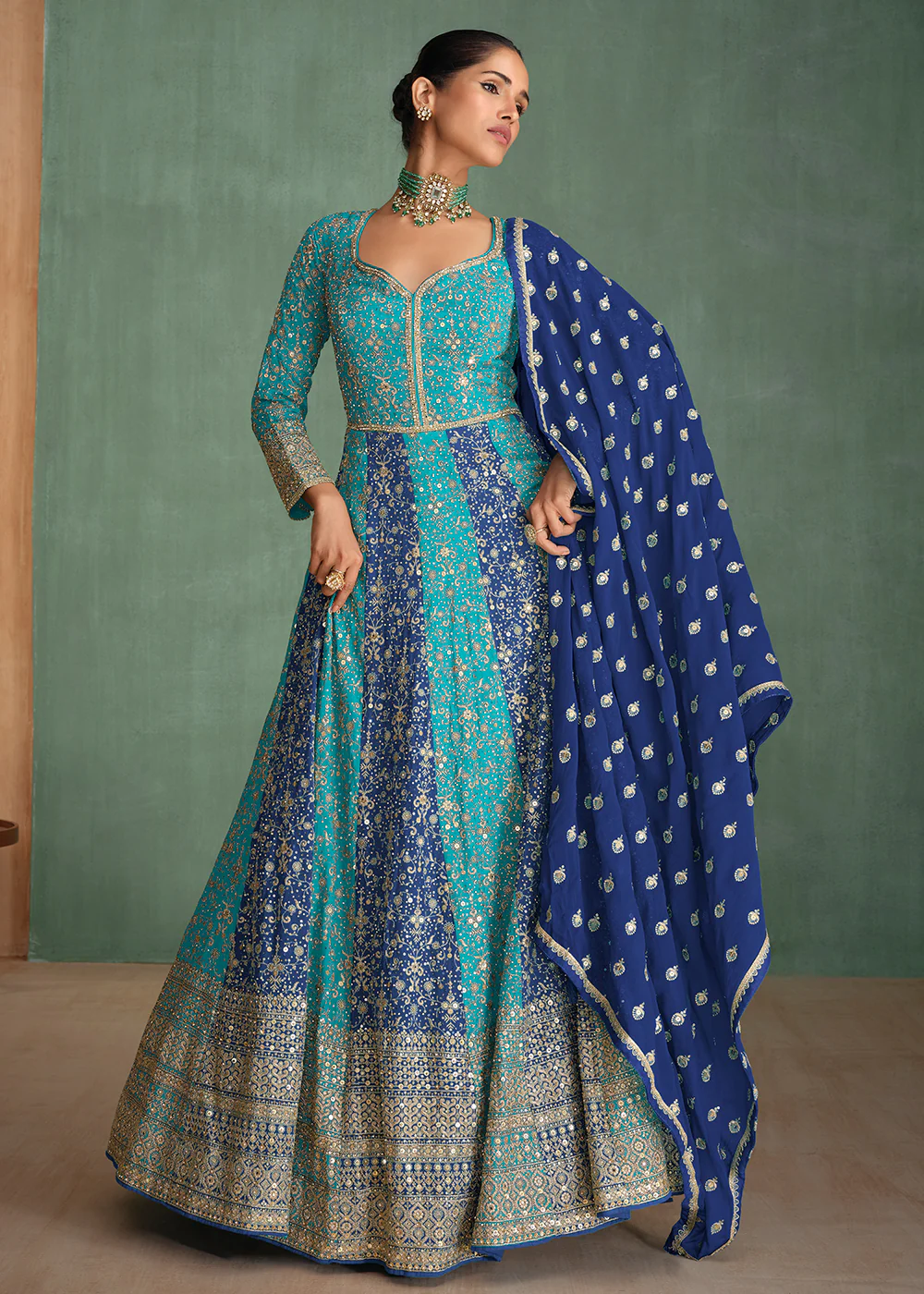 Firozi Multi Embroidered Wedding Festive Anarkali Gown