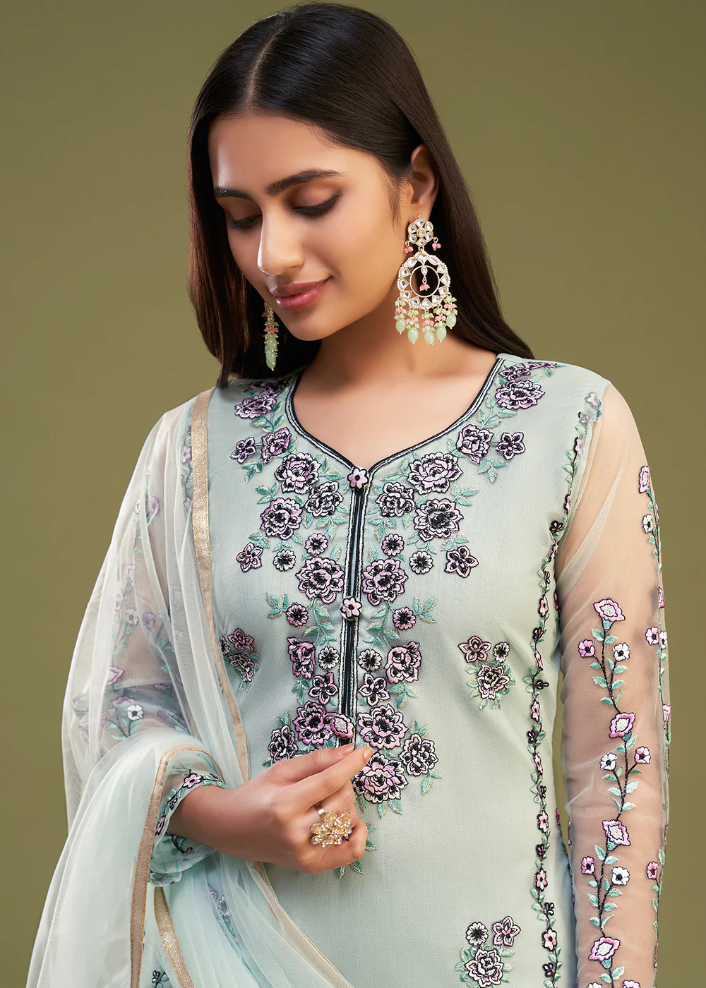 Firozi Multi Thread Embroidered Net Salwar Suit - Image 2