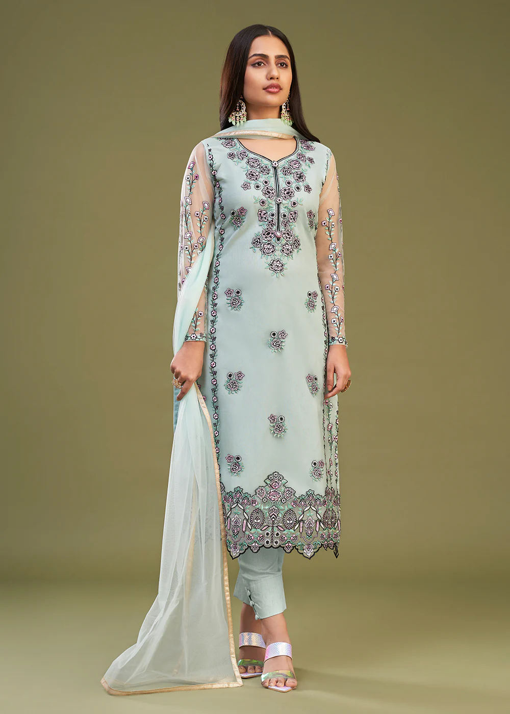 Firozi Multi Thread Embroidered Net Salwar Suit - Image 3