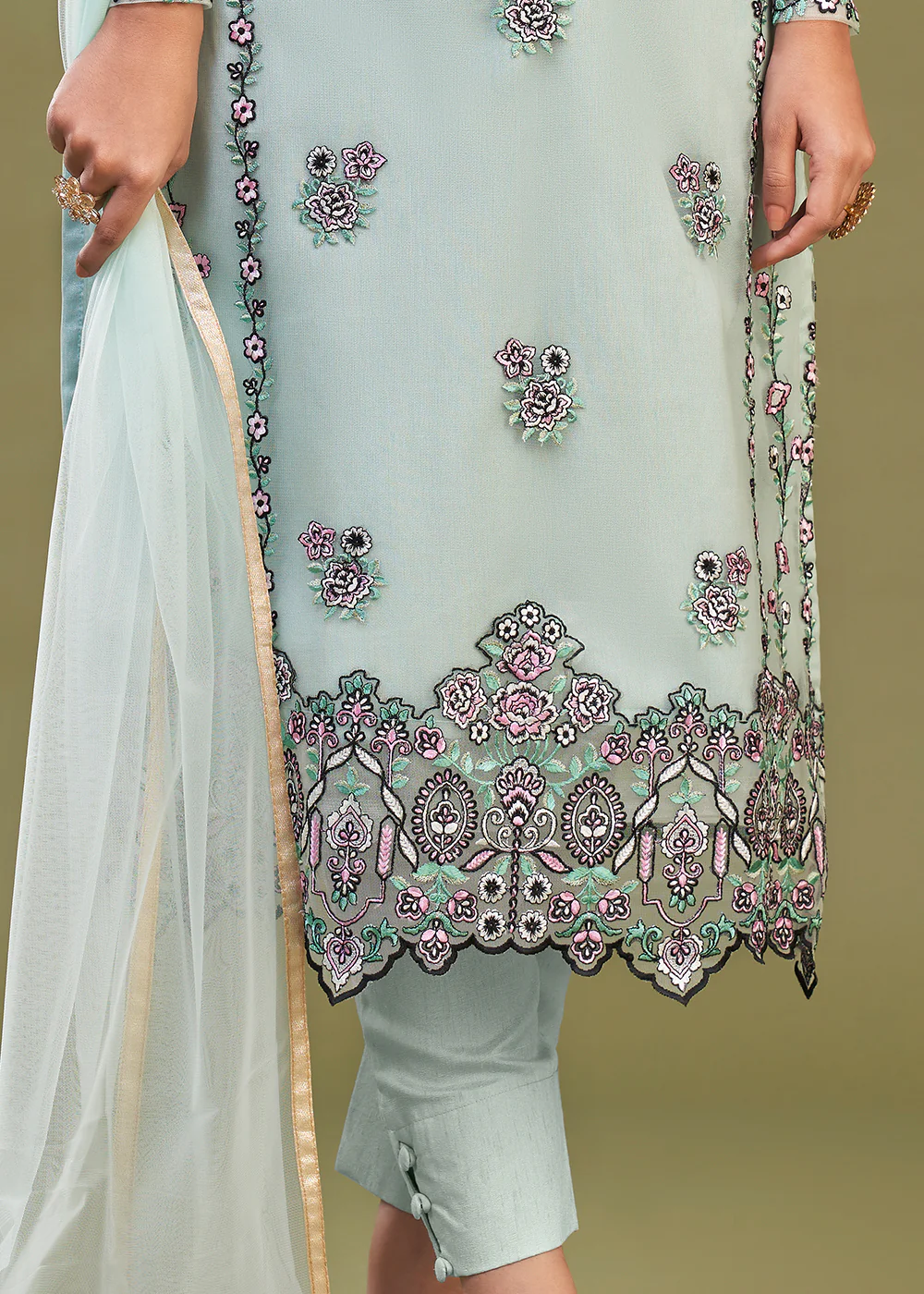 Firozi Multi Thread Embroidered Net Salwar Suit - Image 4