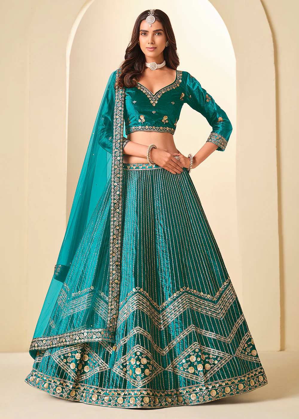 Firozi Velvet Beautifully Embroidered Lehenga Choli