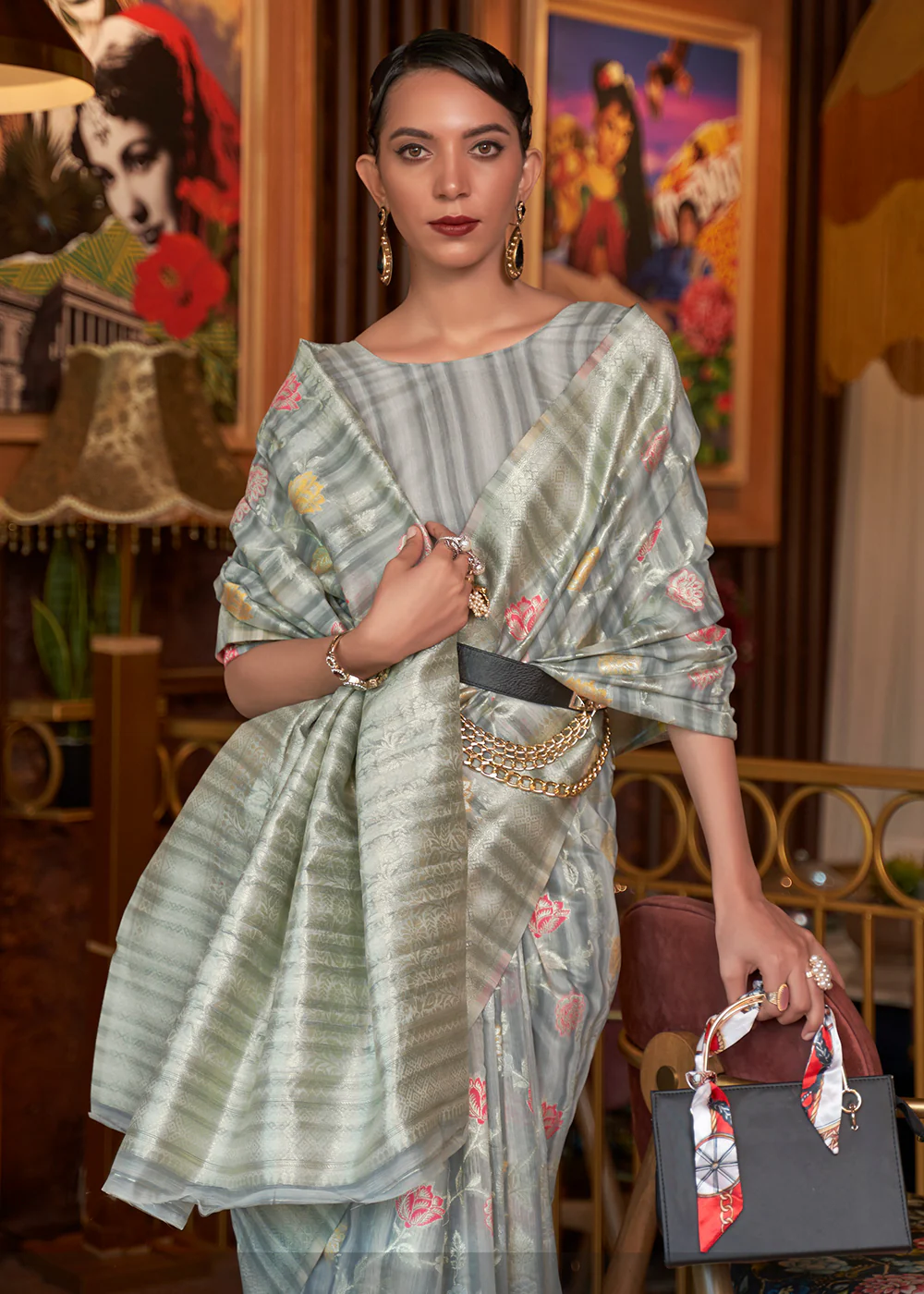 Flamboyant Grey Linen Fabric Party Wear Weaving Saree - Image 2