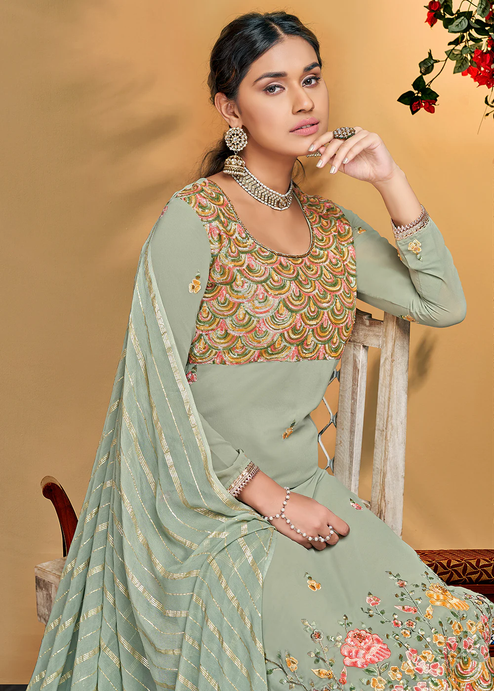 Flamboyant Sage Green Georgette Embroidered Salwar Kurta Set - Image 2