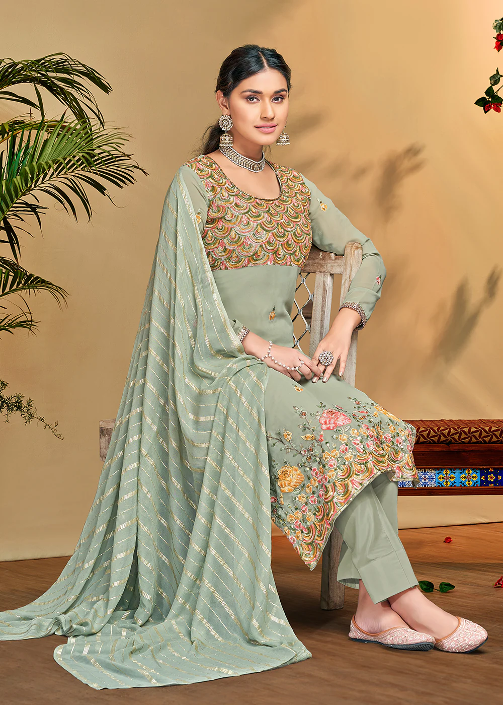 Flamboyant Sage Green Georgette Embroidered Salwar Kurta Set - Image 3