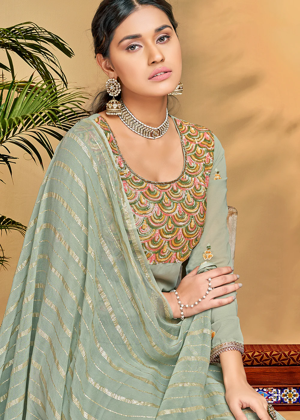 Flamboyant Sage Green Georgette Embroidered Salwar Kurta Set - Image 4