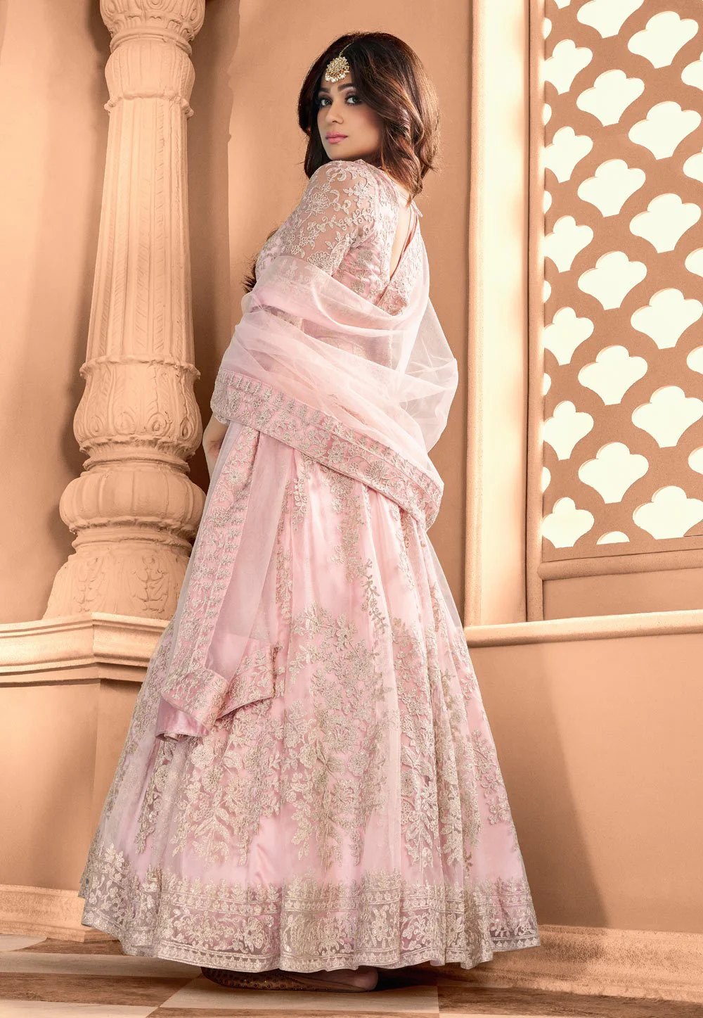 Flamingo Pink Shamita Shetty Net Floor Length Anarkali Suit - Image 3