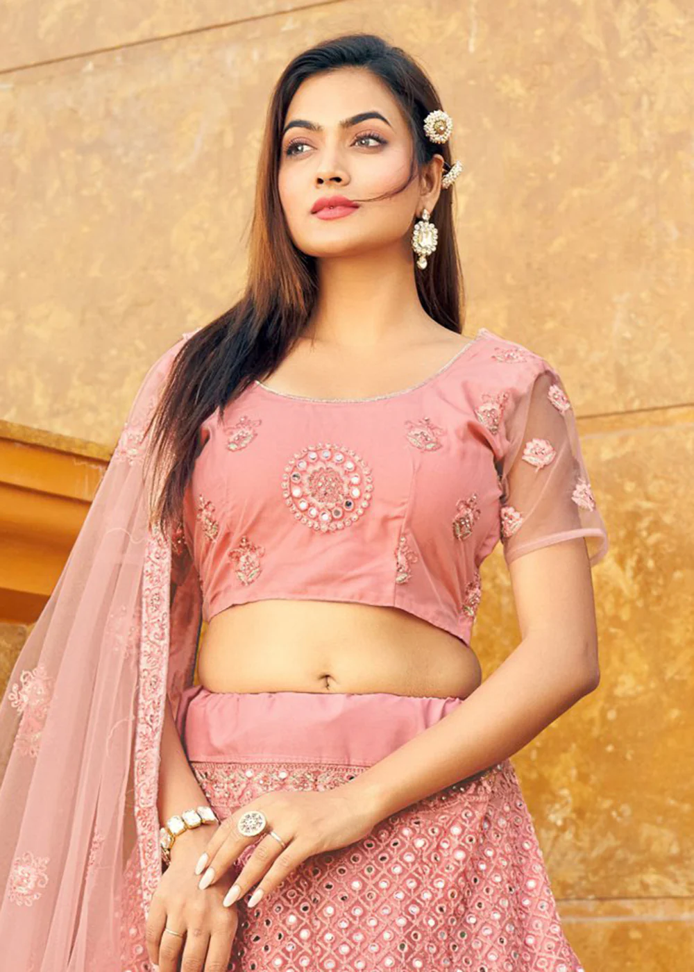 Flamingo Pink Fancy Fabric Wedding Lehenga Choli - Image 2