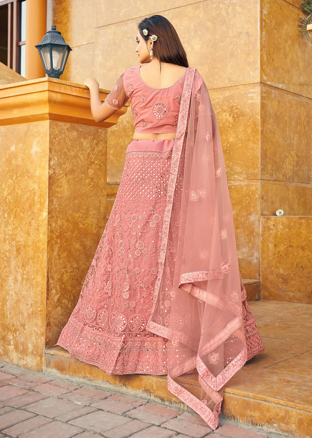 Flamingo Pink Fancy Fabric Wedding Lehenga Choli - Image 3