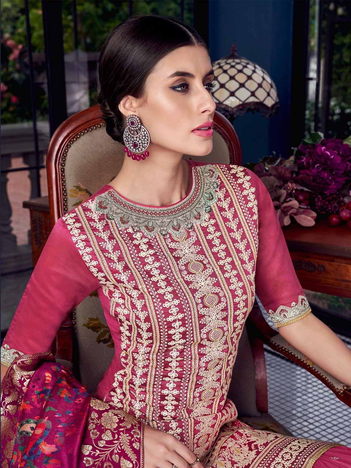 Flattering Pink Lucknowi Embroidered Pakistani Style Palazzo Suit - Image 2