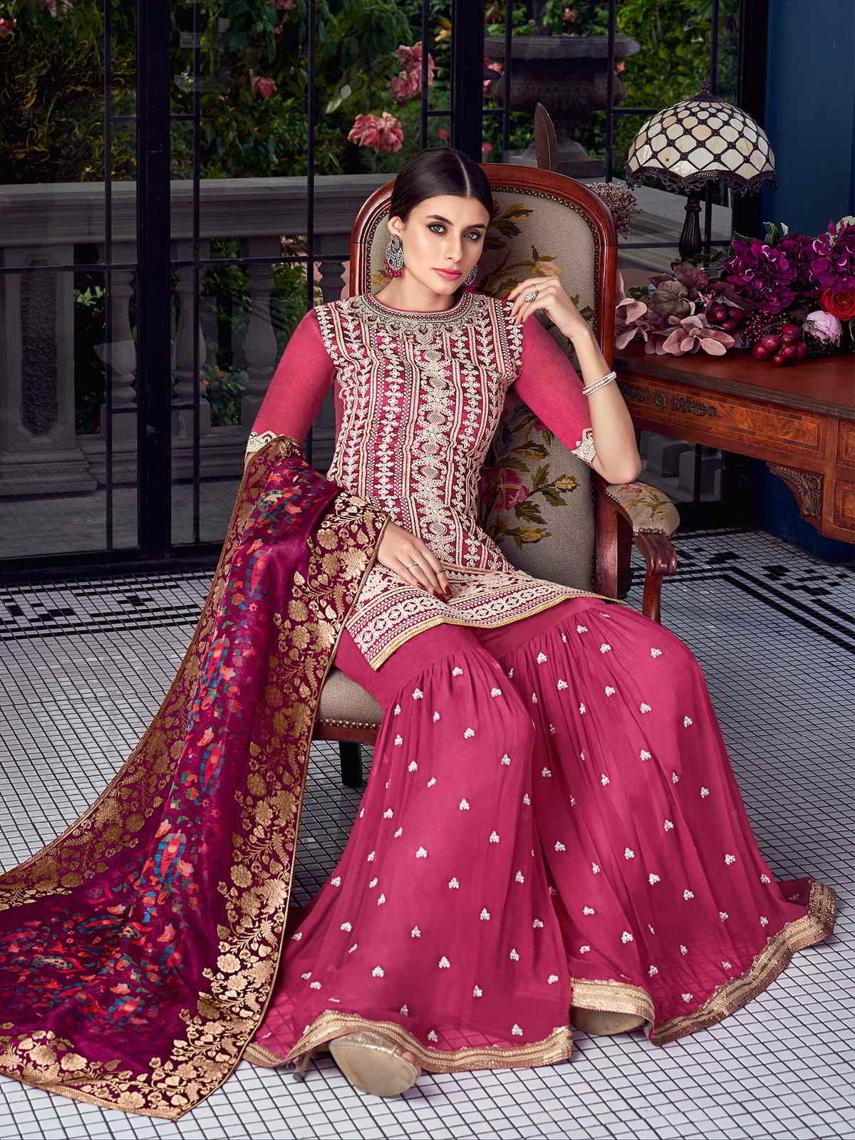 Flattering Pink Lucknowi Embroidered Pakistani Style Palazzo Suit - Image 3