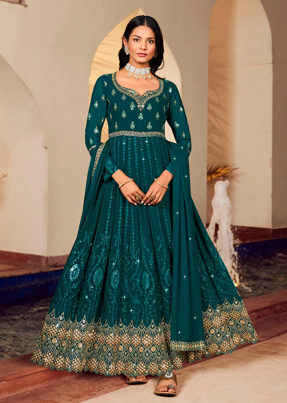 Floor Length Classic Teal Wedding Wear Anarkali Suit
