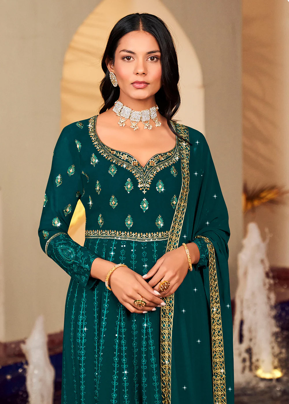 Floor Length Classic Teal Wedding Wear Anarkali Suit - Image 2