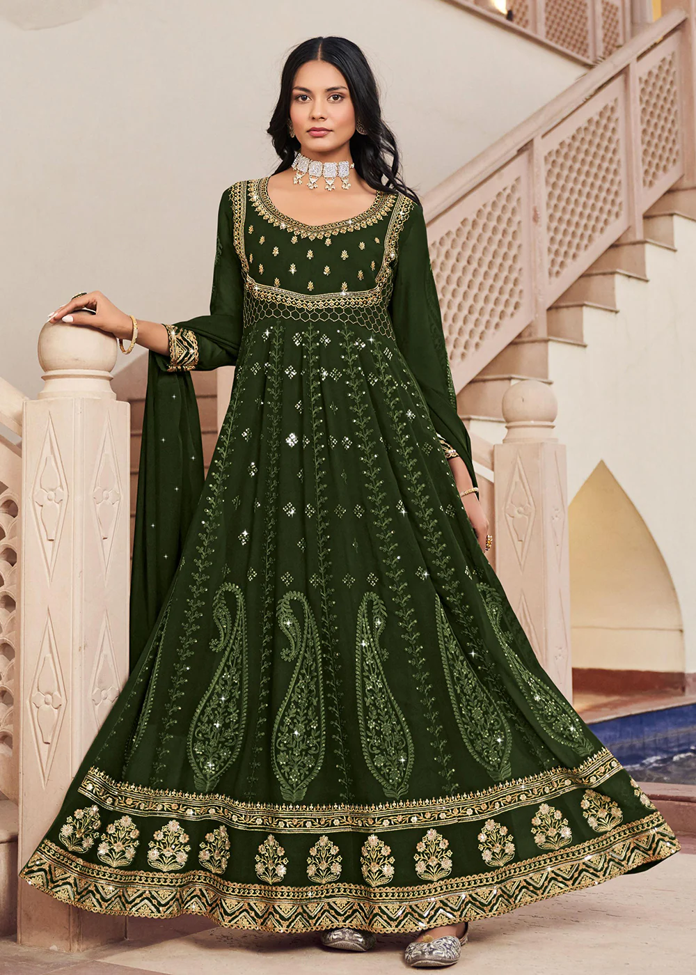 Floor Length Engaging Green Wedding Wear Anarkali Suit