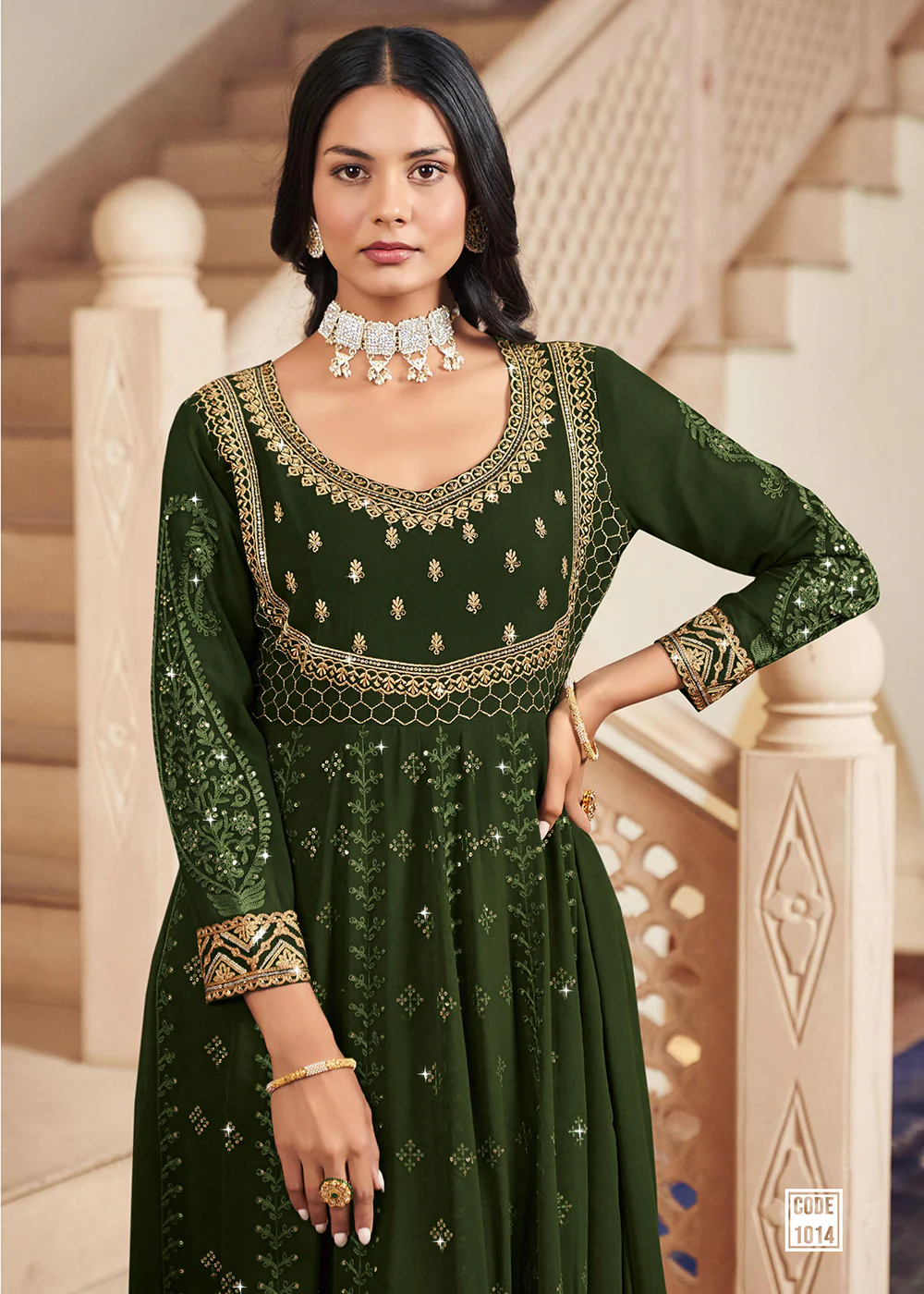 Floor Length Engaging Green Wedding Wear Anarkali Suit - Image 2