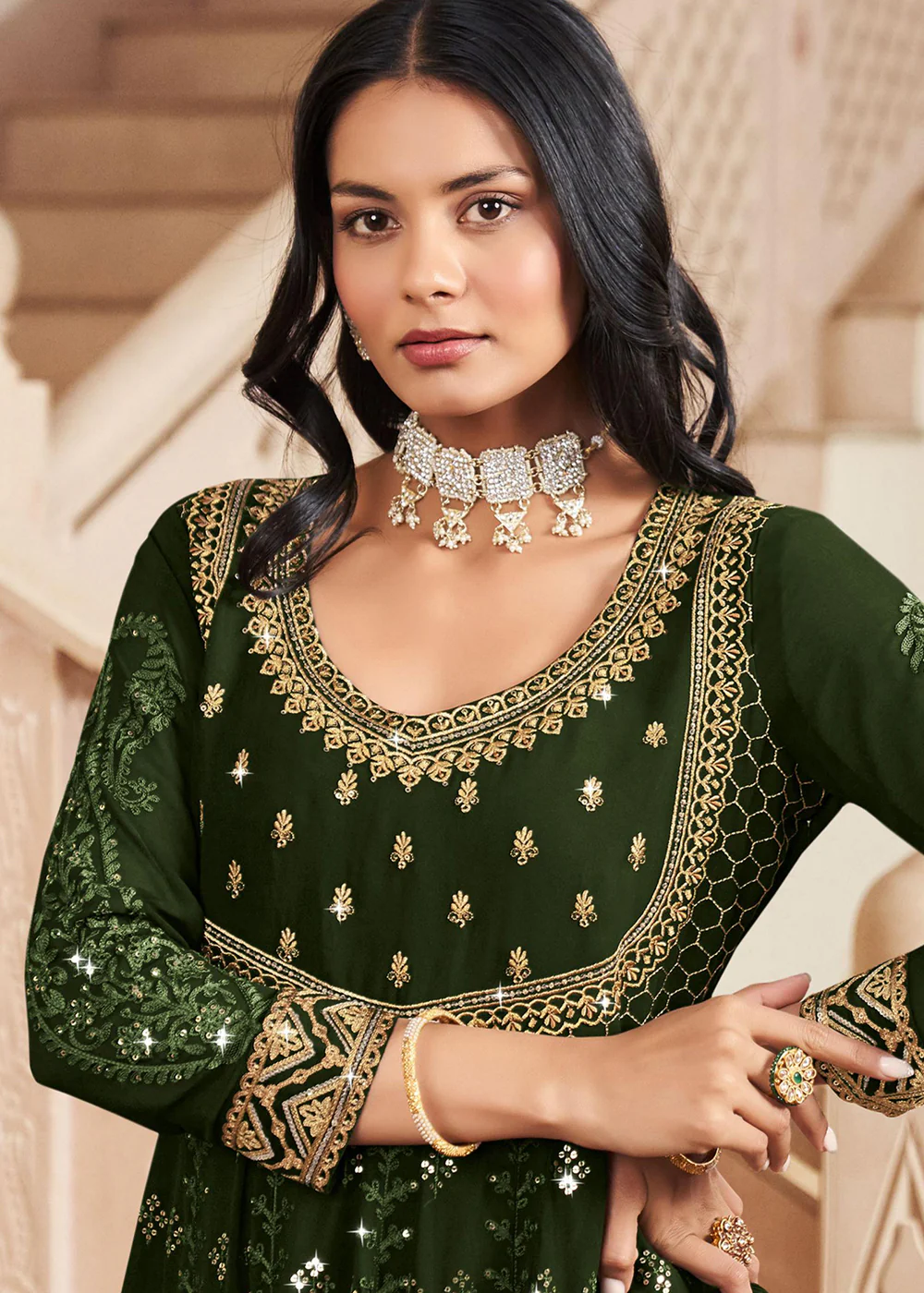 Floor Length Engaging Green Wedding Wear Anarkali Suit - Image 3