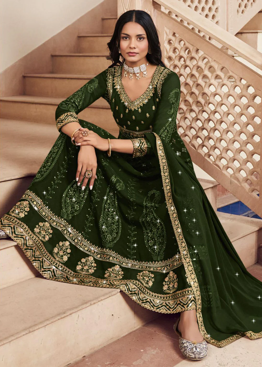 Floor Length Engaging Green Wedding Wear Anarkali Suit - Image 4