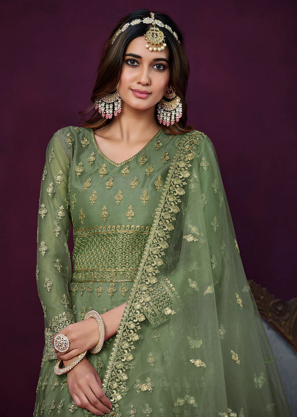 Floor Length Green Sequins Embroidered Wedding Anarkali Suit - Image 2