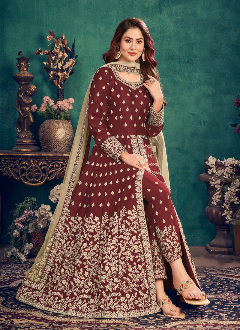 Floor Length Maroon Art Silk Embroidered Anarkali Suit - Image 3