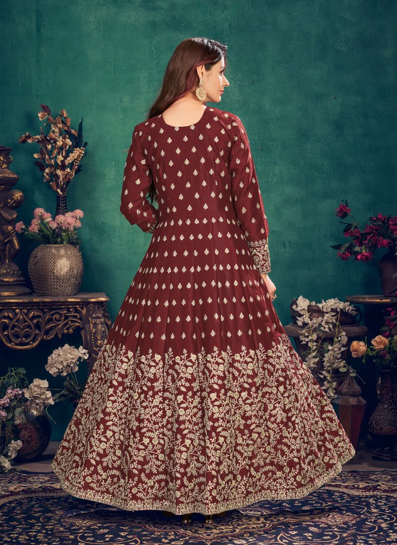 Floor Length Maroon Art Silk Embroidered Anarkali Suit - Image 4