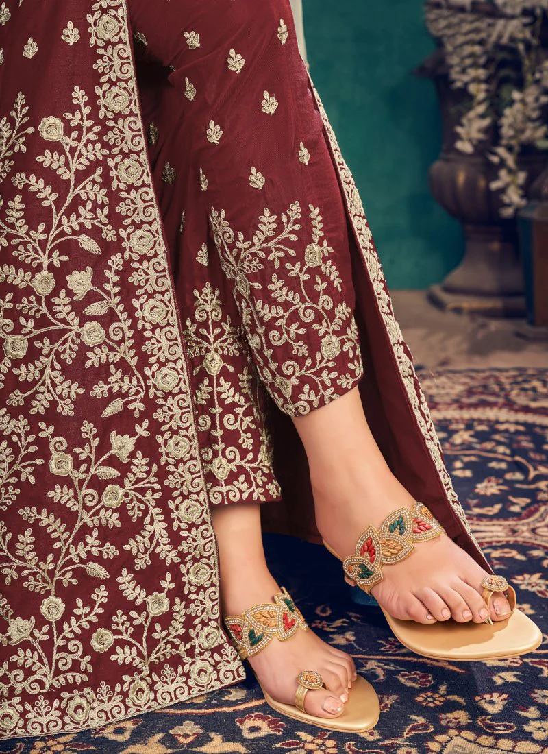 Floor Length Maroon Art Silk Embroidered Anarkali Suit - Image 5