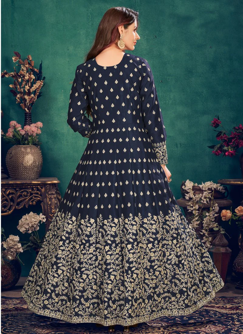 Floor Length Navy Blue Art Silk Embroidered Anarkali Suit - Image 4