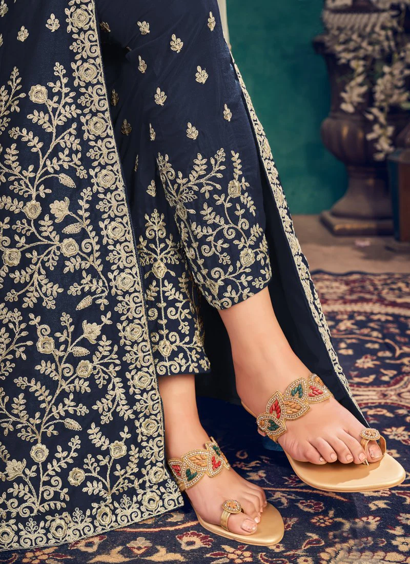 Floor Length Navy Blue Art Silk Embroidered Anarkali Suit - Image 5